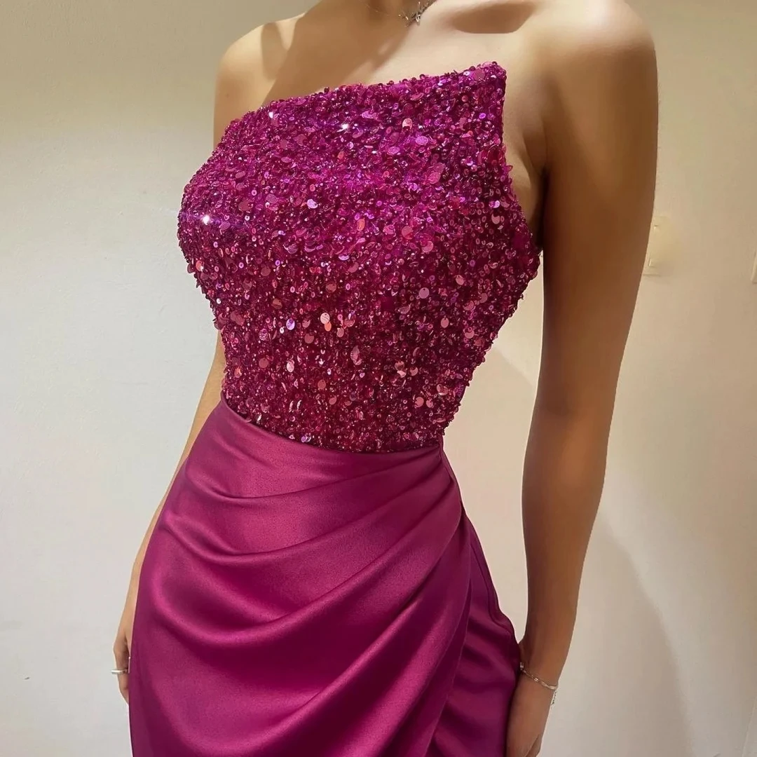 

Sexy Rose Red Sequins Prom Birthday Dress 2026 Strapless Side Silt Satin Mermaid Evening Formal Party Gowns Vestidos De Feast