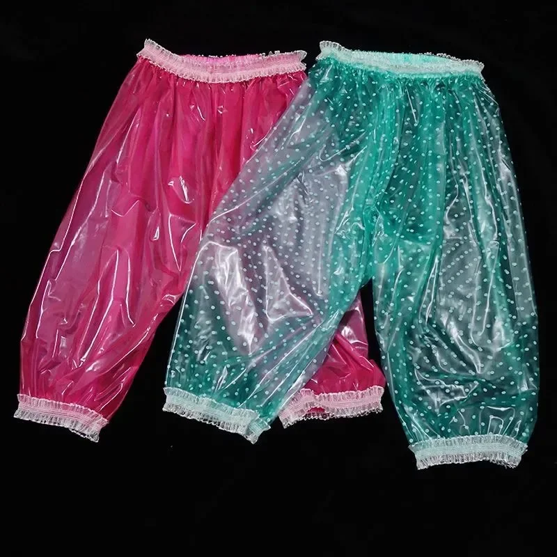 Couple Polka Dot Transparent PVC Plastic Lace Pants Thin Soft Silent Bloomers Waterproof ABDL Adult Baby Diaper Shorts Party