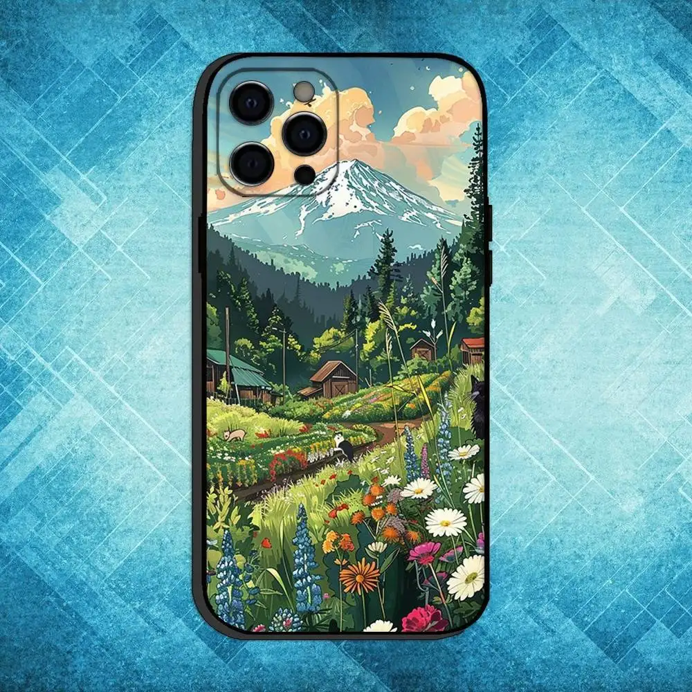 حافظة هاتف مطلية بمناظر طبيعية لهاتف iPhone17,16,15,14,13,12,11 Plus، Pro Max غطاء أسود ناعم #6