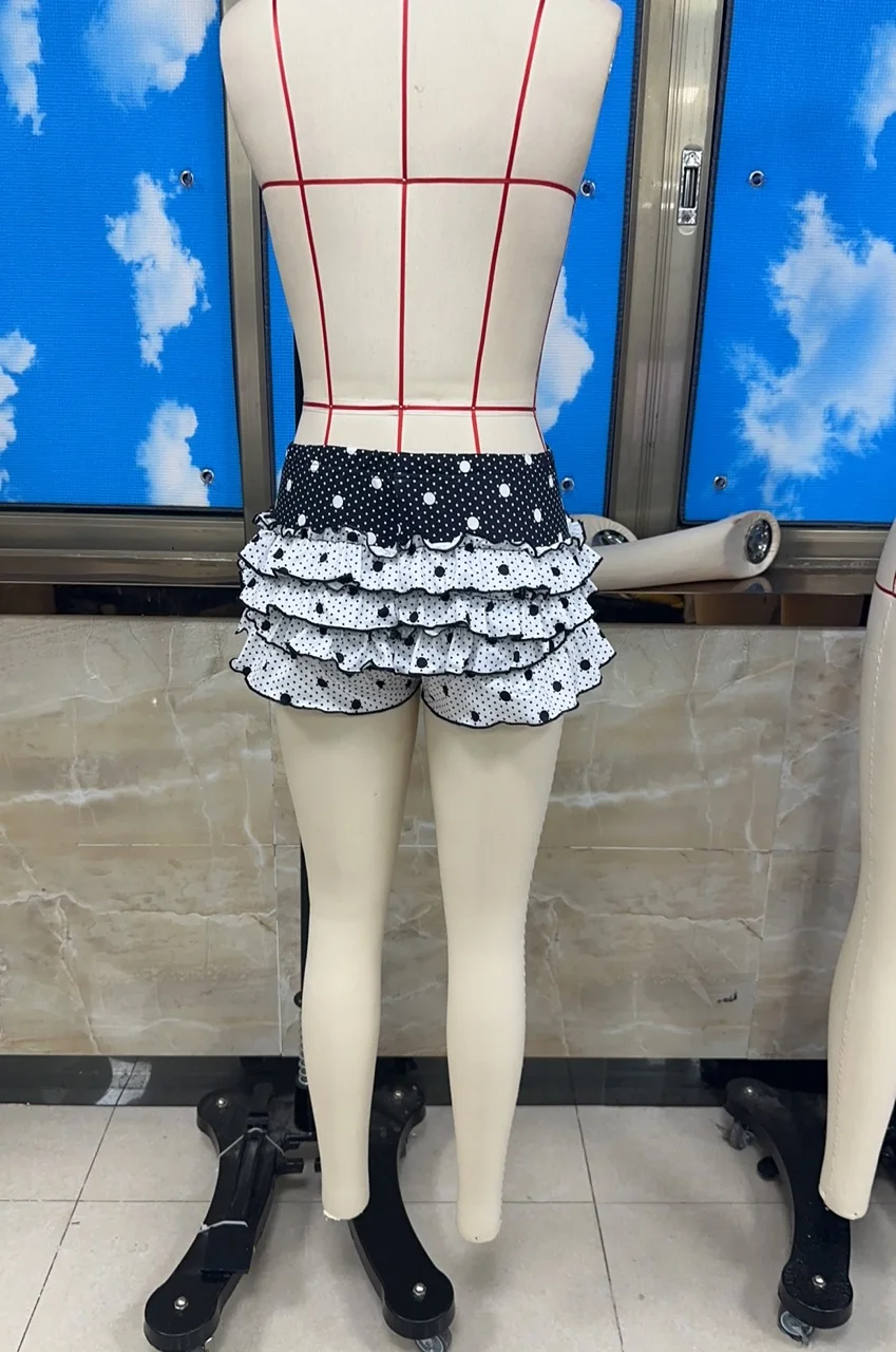 Women's Summer Slim Shorts Dot Print Low Waist Tiered Ruffled Bodycon Short Pants