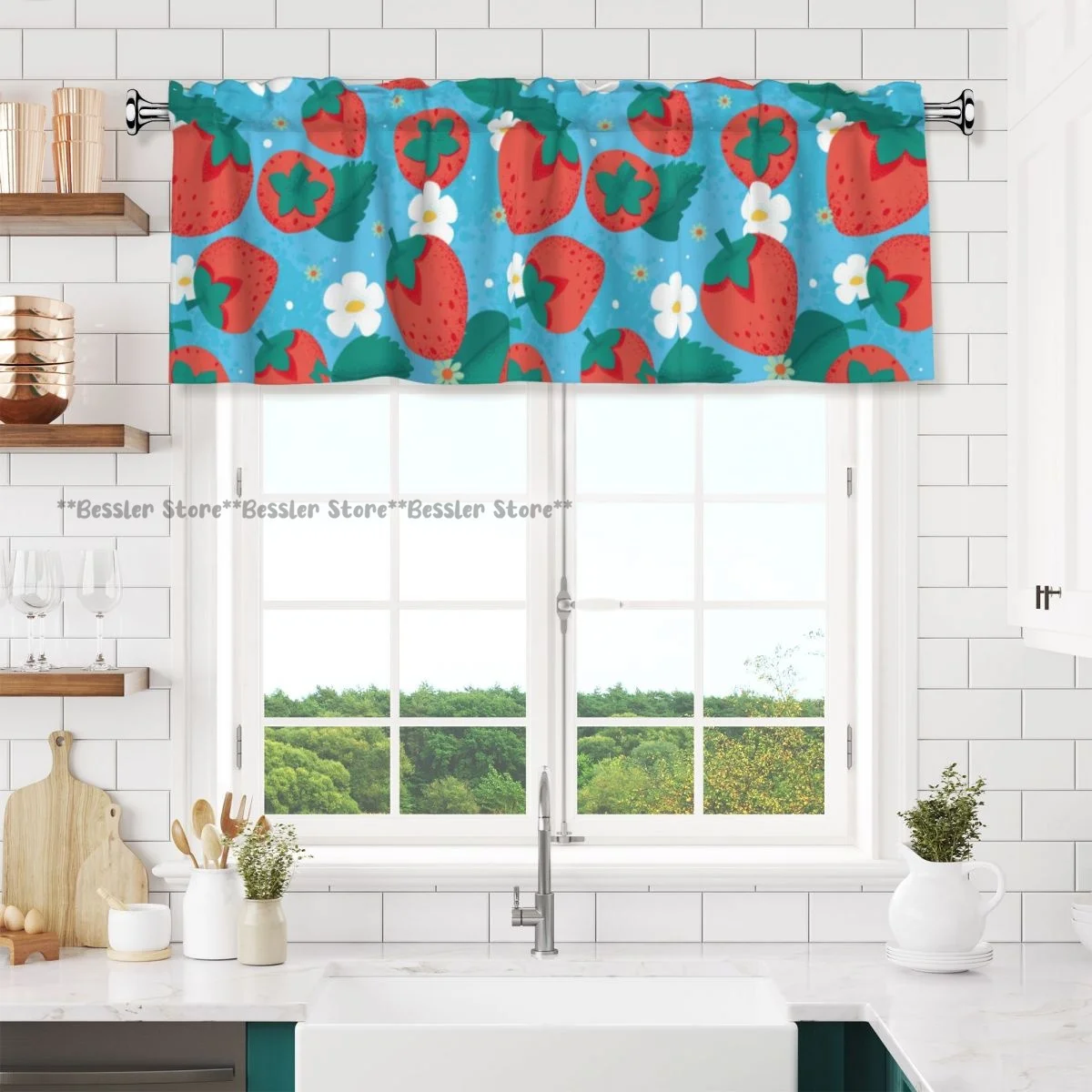 1PC Valance Cafe Window Rod Pocket Curtain Cute Strawberry And Flowers Short Valance Curtain For Home Kitchen Decoration