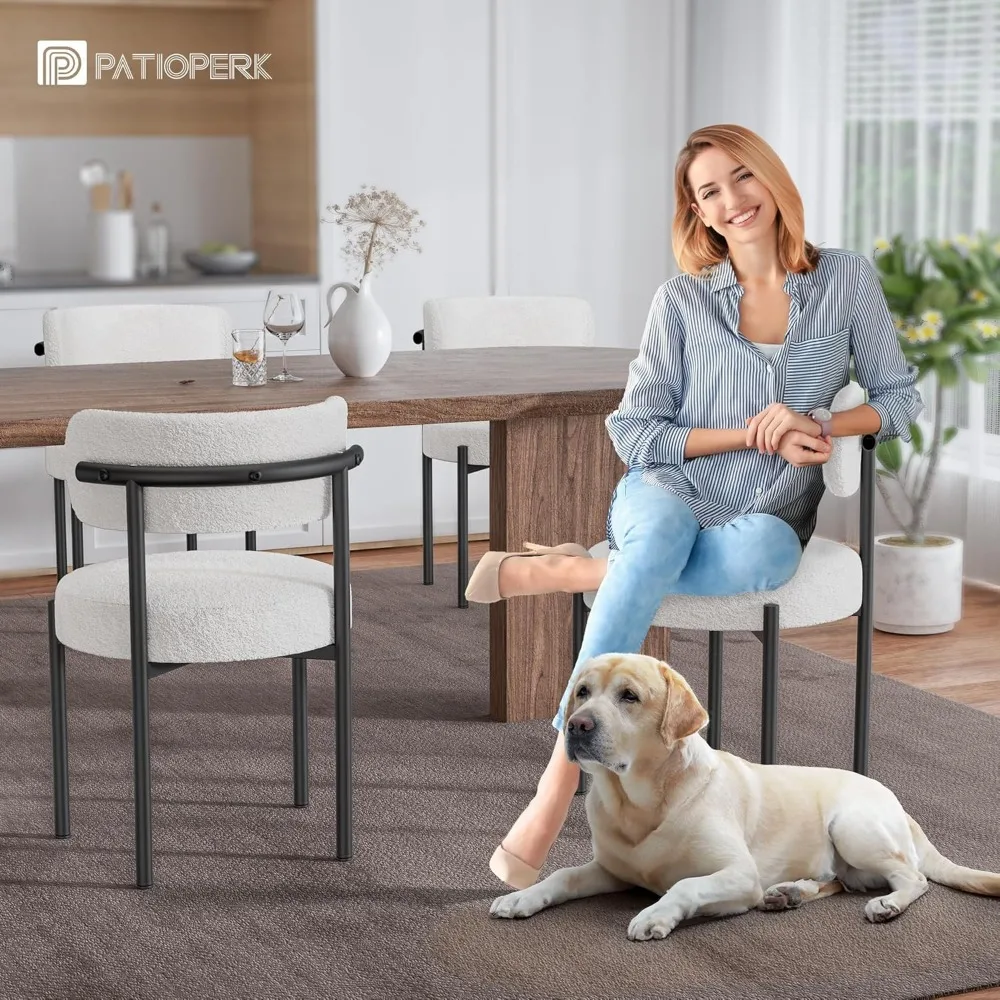 Boucle Dining Chairs Set of 4, White Mid Century Morden Chair with Curved Backrest, Round Upholstered Sherpa with Metal Legs, Su