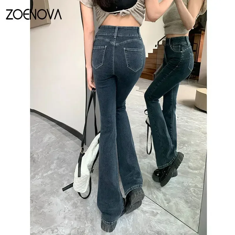 

ZOENOVA Women High Waist 2023 Chic New Blue Gray Horseshoe Bootcut Denim Streetwear Y2k Clothes Baggy Jeans Famale Flare Pants