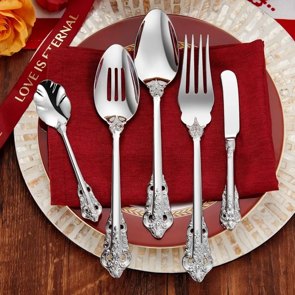 

45-Piece 18/10 Stainless Steel Silverware Set,Service 8 Serving Sets, Mirror Finish,Gift Box,Silver Flatware Cutlery Set Spoon