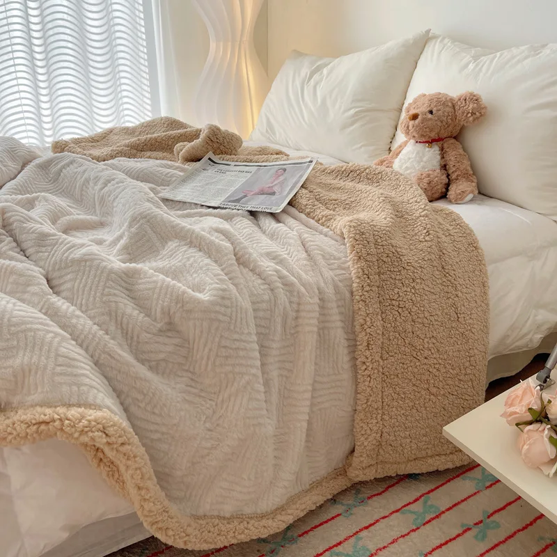 Ins Jacquard Solid Color Thick Rabbit Fur Blanket for Winter Nap Sofa Cover