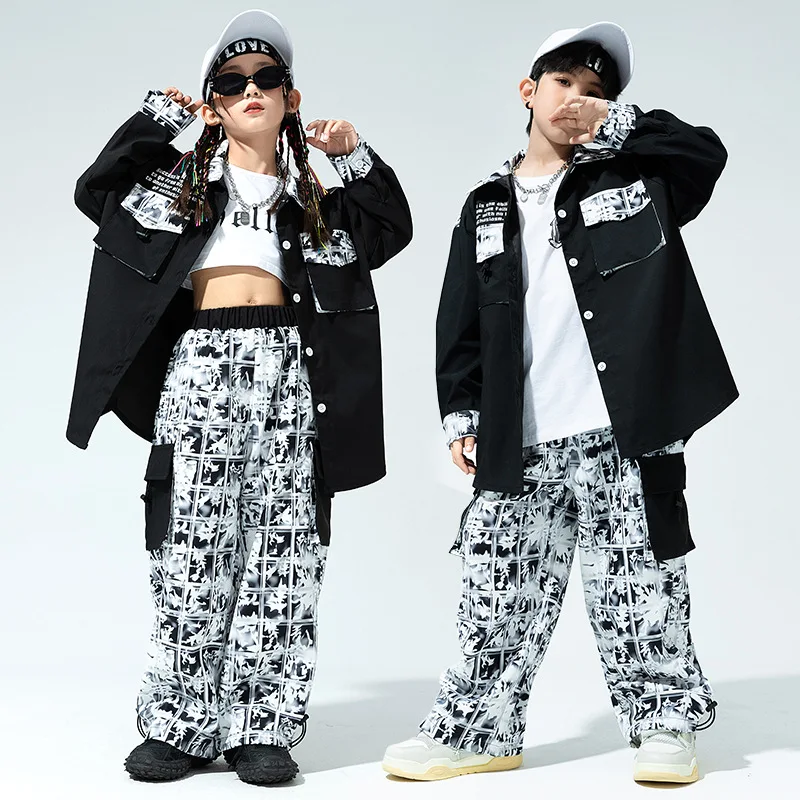 Children's Clothing Boys Ballroom Hip Hop Dance Costumes Patchwork Shirt Tie-dye Print Pants Set Girls Jazz Performance Outfits