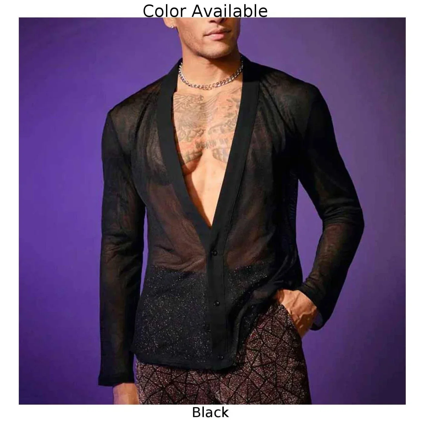 Fashion Men\'s Black Mesh Transparent Shirts And Blouses Sexy Deep V Neck 2 Buttons Long Sleeve Party Nightclub Tops Shirt