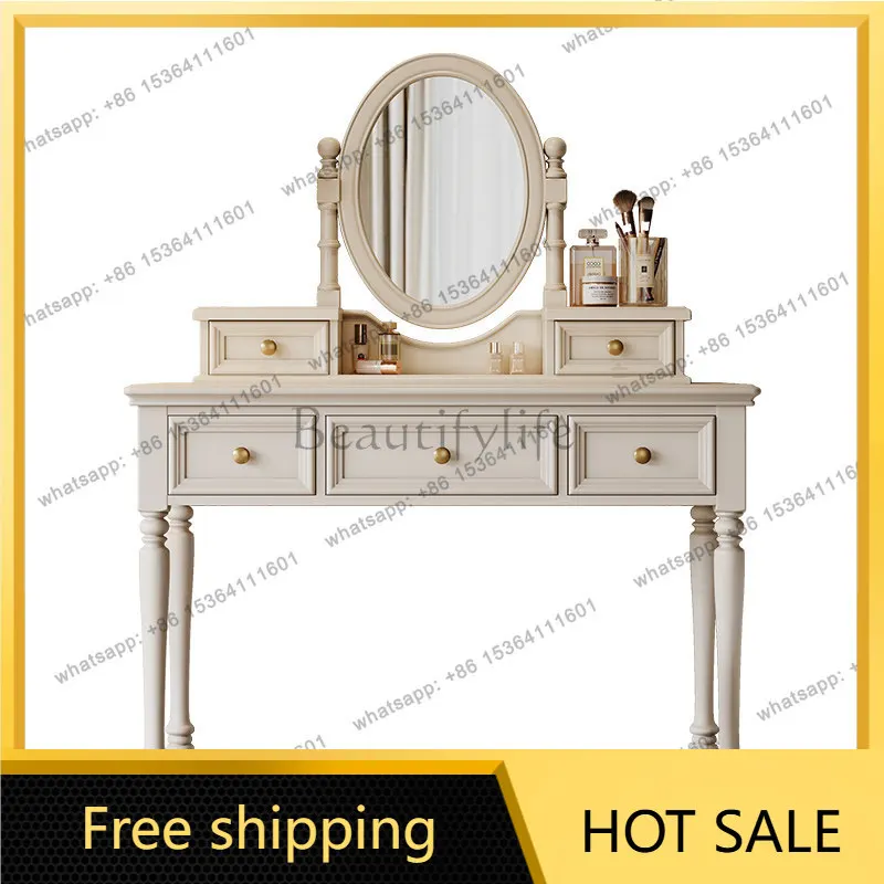 FG American all-solid wood dresser makeup table light luxury premium French cream style white mirror with drawers