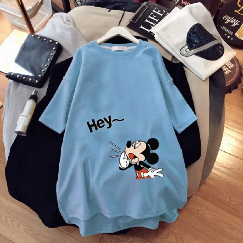 Mickey Minnie T-shirt Girl Trend Mid-Length Loose Casual Short-Sleeved Cartoon Mickey Print T-shirt Round Neck Disney Top