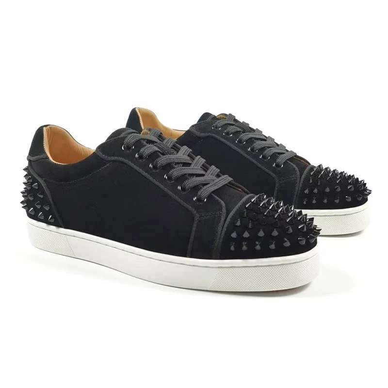 mens luxury fashion party nightclub spikes studded shoes lace-up flats rivets shoe black stylish cow suede leather footwear mans