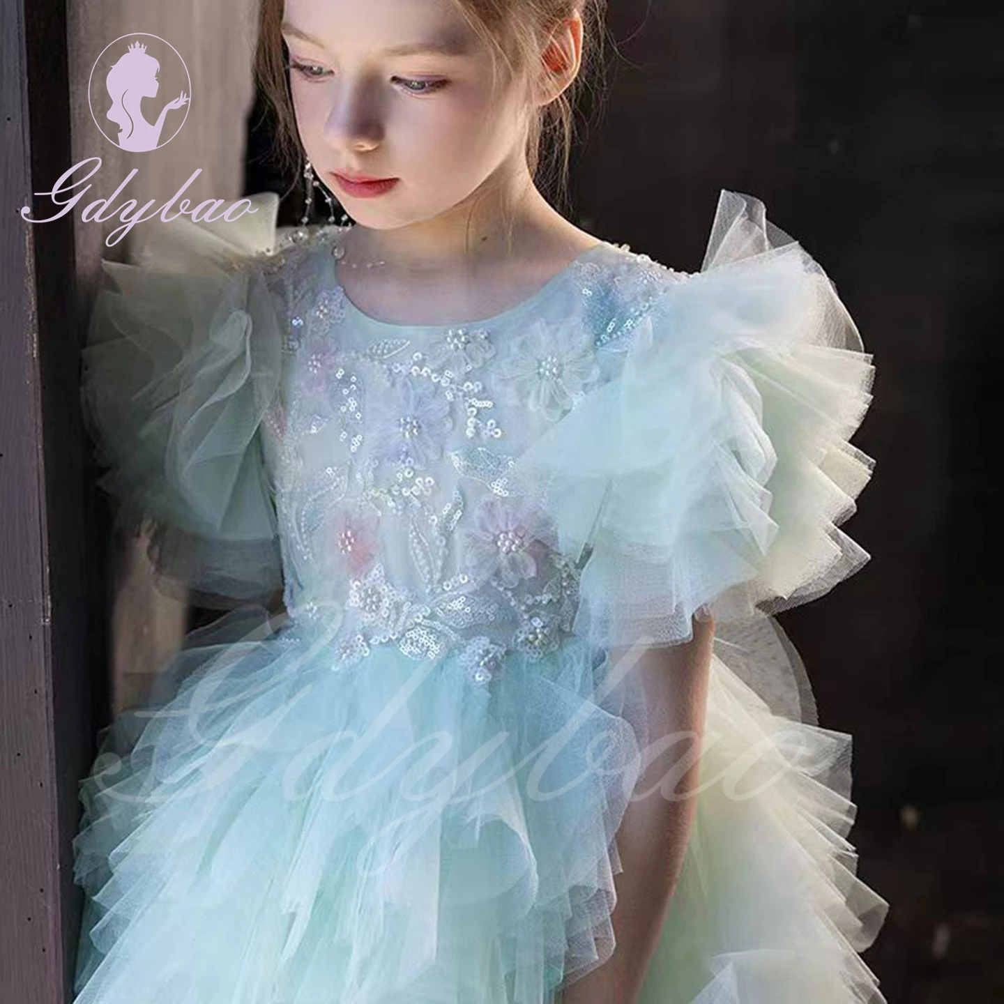 Vestidos de niña de flores verde menta, vestido de desfile para boda, apliques de lentejuelas, largo hasta el suelo, fiesta de cumpleaños, vestido de primera comunión