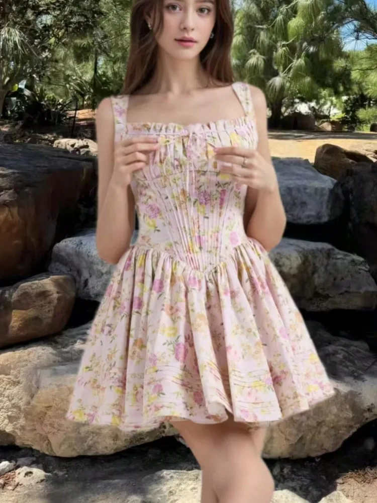 

Women's Elegant Dresses French Print Summer New 2025 Casual Slim Waist A-Line Square-Collar Pleated Spaghetti Strap Vestidos
