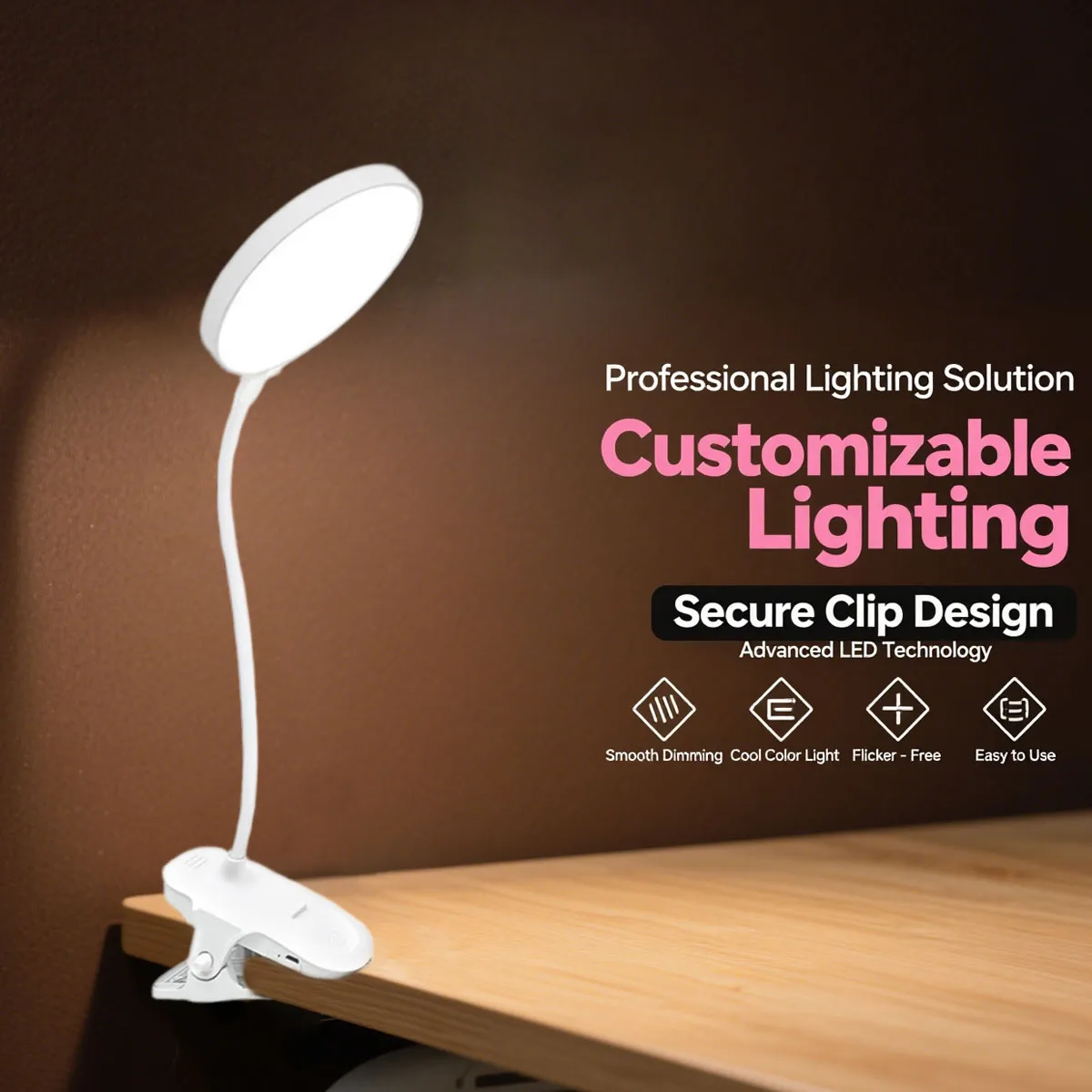 1PC rechargeable clip-on desk lamp, three color temperature modes, stepless dimming, suitable for bedroom, living room and offic