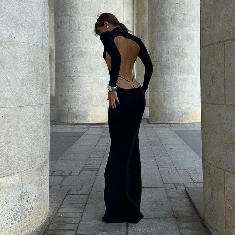 JINIA Fashion Bandage Sexy Backless Long Sleeve Dress Outfits Club Party Fall Bodycon Maxi Dresses Birthday Clothes