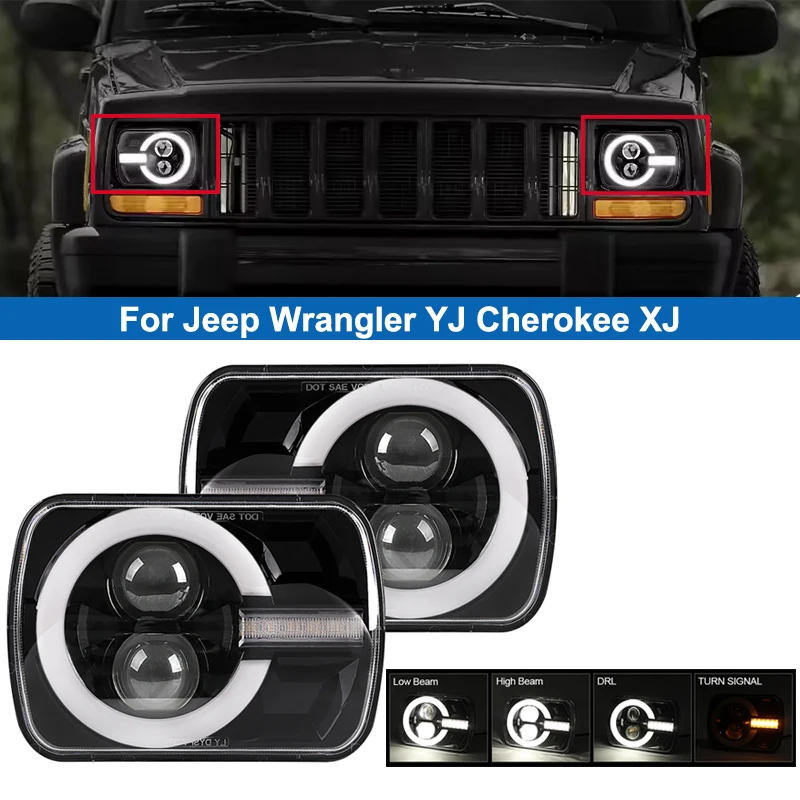 

5x7 7x6 Inch Black Rectangular LED Headlight with Hi/Low DRL Lighting For Jeep Wrangler YJ Cherokee XJ Turn Signals Head lamp