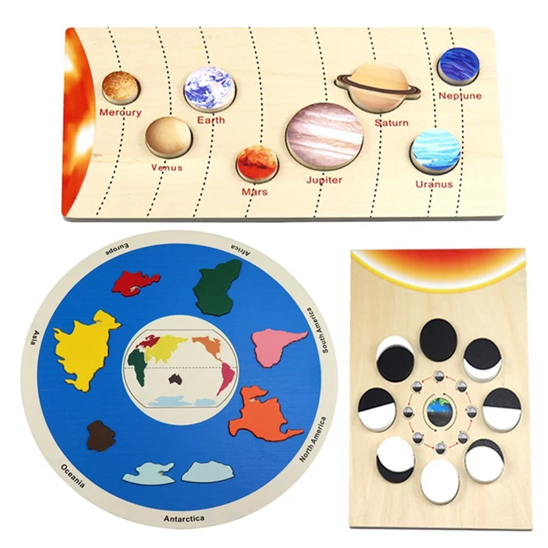 

ABUM-Wooden Planet Puzzles Learning Montessori Kids Moon Phase Change Cognitive World Map Matching Game For 3-6 Years Old B
