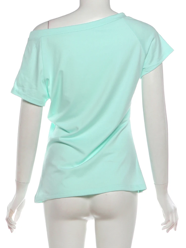 Sisterlinda Musikfestival T-Shirt für Damen mit Schriftzug-Dekoration, schrägem Kragen, kurzen Ärmeln, lässig, sommerlich, klassisch, schlicht, Streetwear – Detail 8