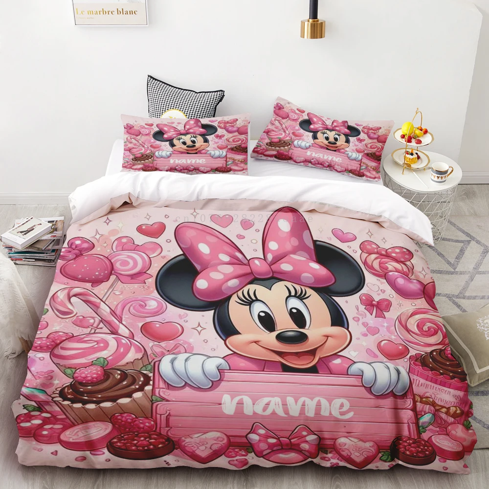 

Custom Minnie Pink Duvet Cover Personalized Name Cartoon Bedding Set Customized Quilt Cover for Women Teens Best Gifts Bedroom