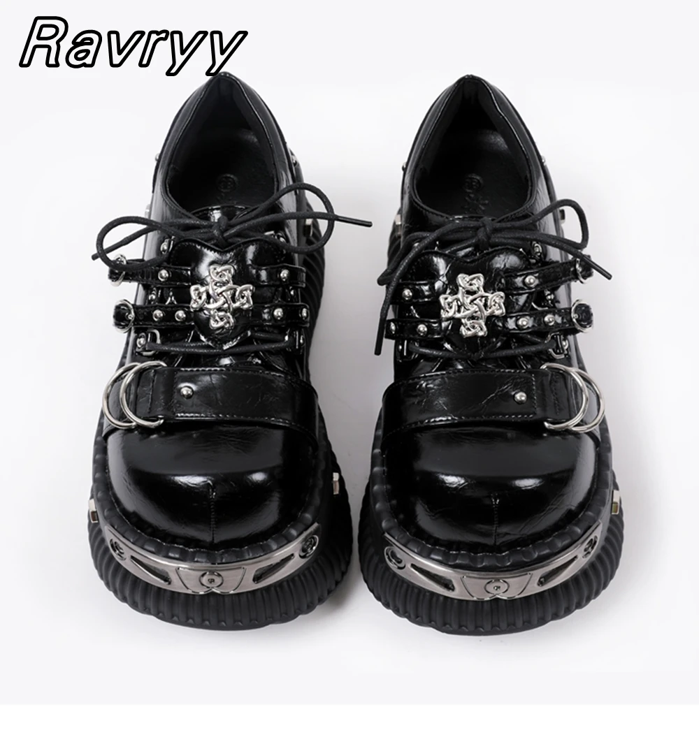 Retro Black Microfiber Leather Glossy Punk Style Ankle Boots New Year Wild Cool Girl Shoes Round Toe Belt Buckle Platform Shoes