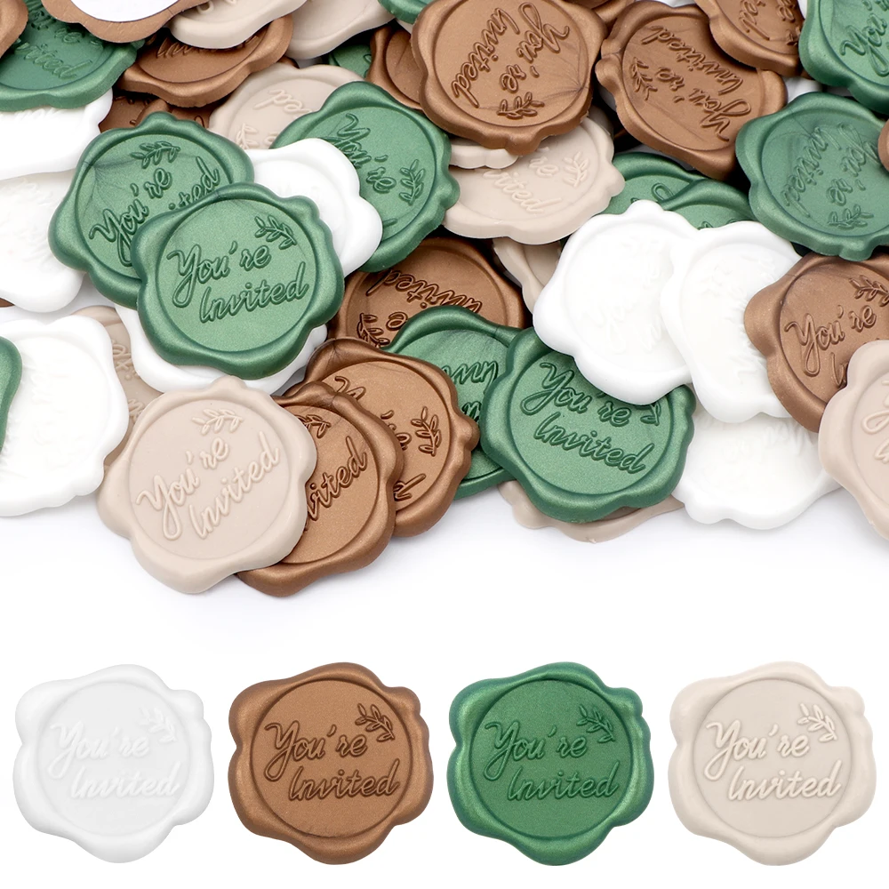 25pcs/set Wax Seal Stickers You\'re Invited Olive Branch Rose Bee Embossed Fans Mixed Pattern Self-adhesive Stickers DIY Decor