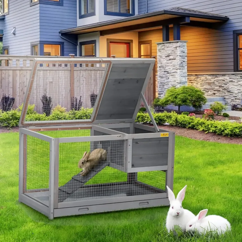 Fashion Wooden 36Inches Rabbit Hutch Outdoor with Wheels Bunny Cage Indoor Durable Rabbit Cage with Removable Tray,