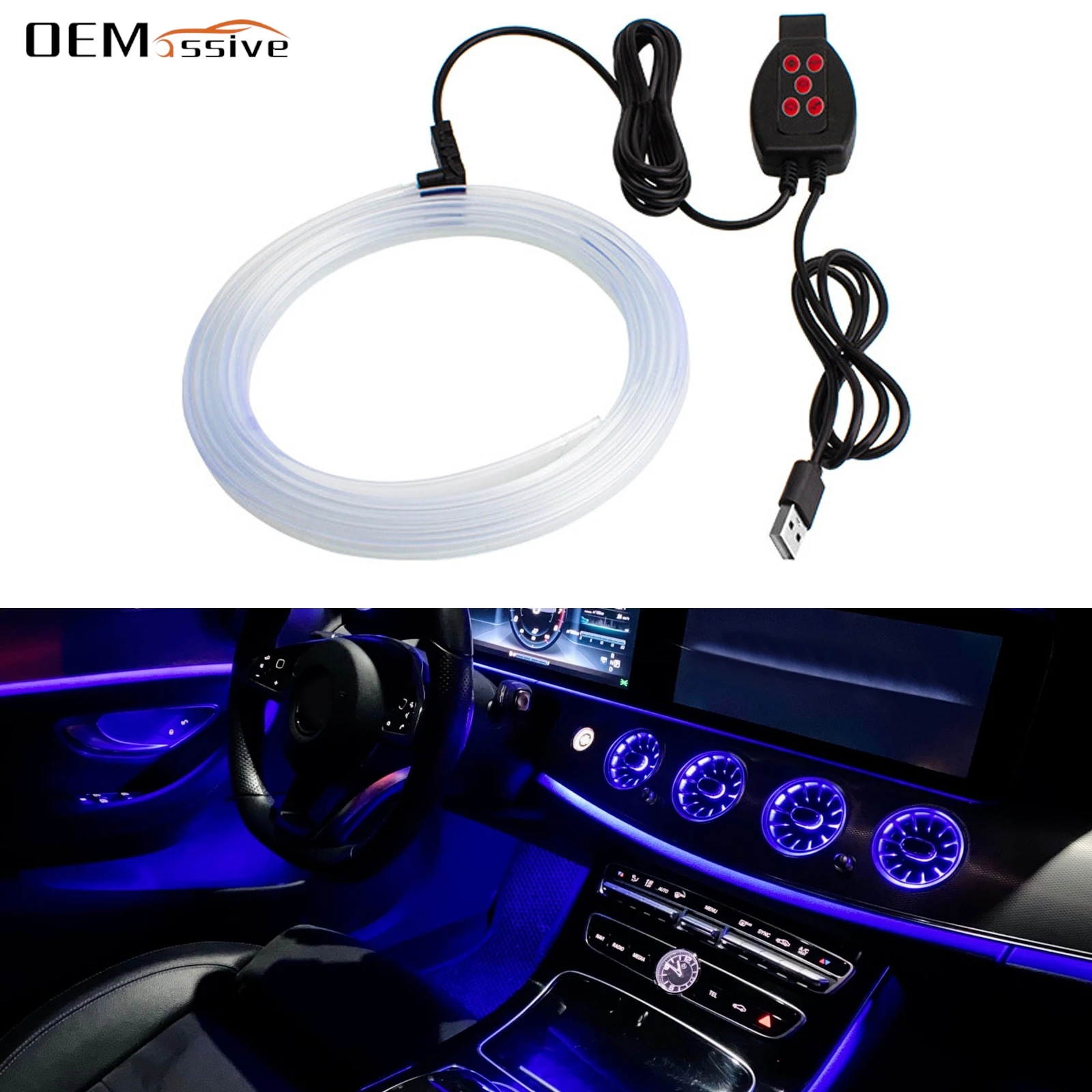 USB Fiber Optic Ambient Light RGB Voice Controlled Decorative Car Interior Center Console Instrument Panel Ambient Neon Lamp