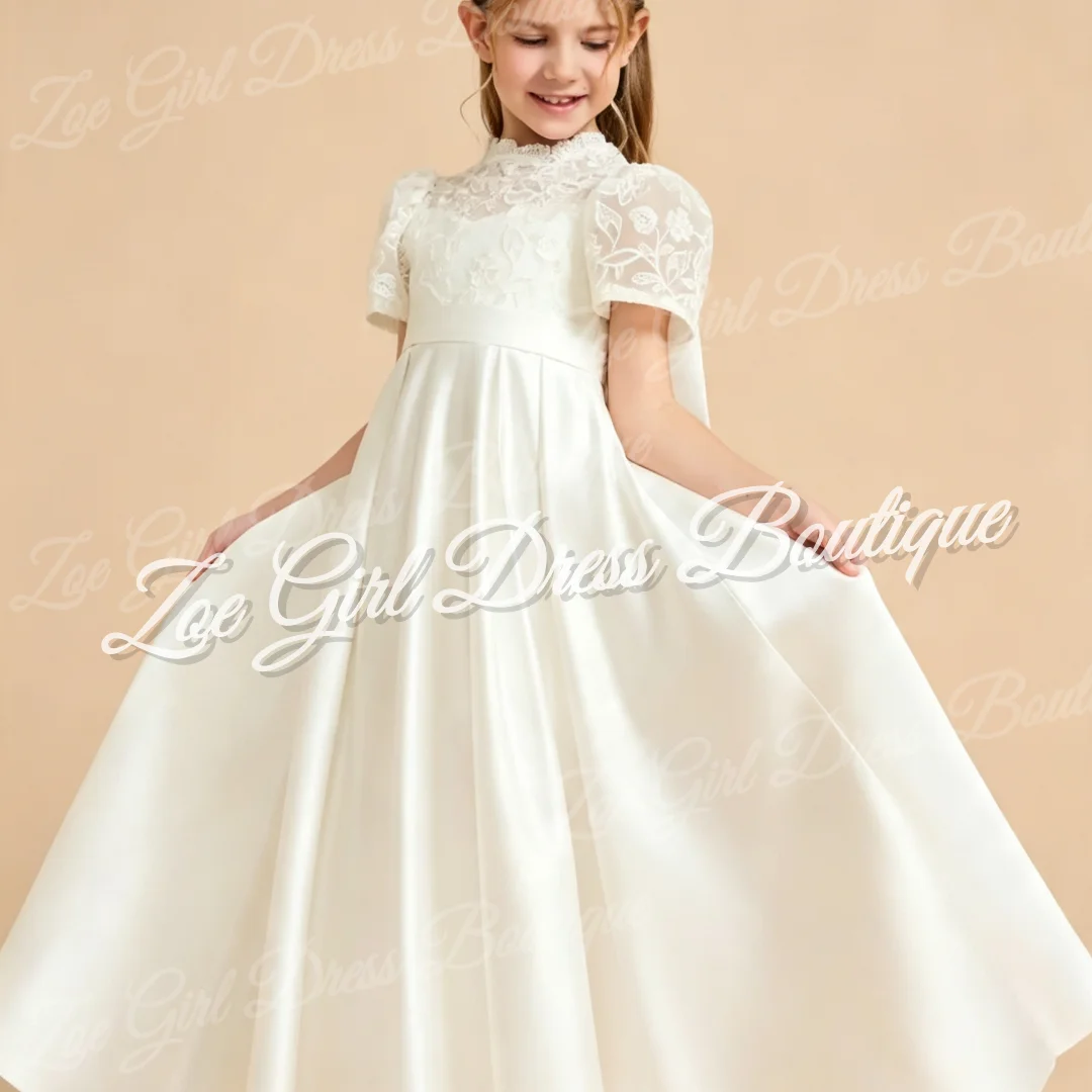 Ivory Satin Floral Lace Flower Girls Dresses Short Sleeve Back Bow Gowns For Wedding Birthday Party First Communion Customized