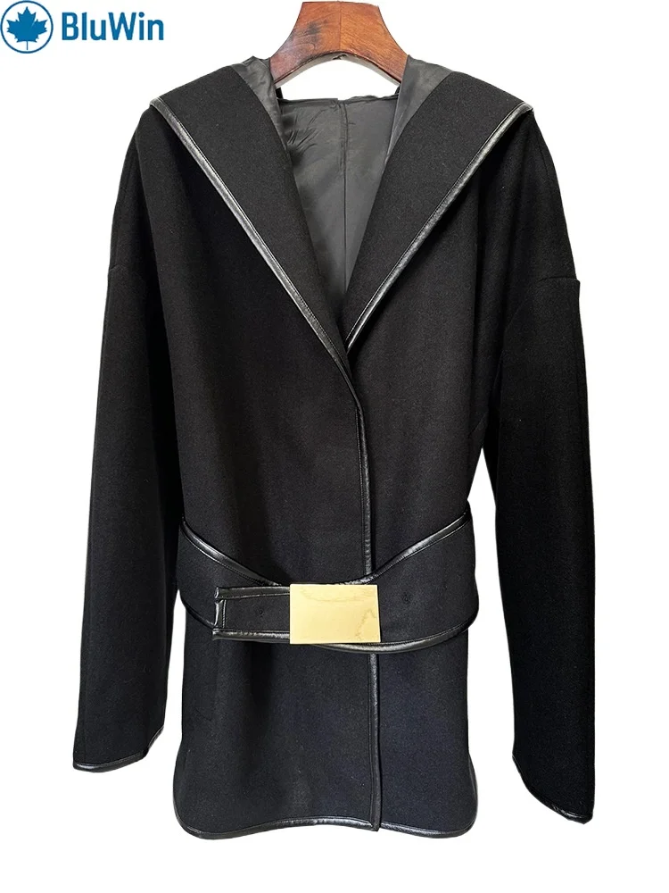 

URBANCHIC 2025 Шерстяная куртка с капюшоном и поясом «летучая мышь» — женская верхняя одежда средней длины, вдохновленная знаменитостями