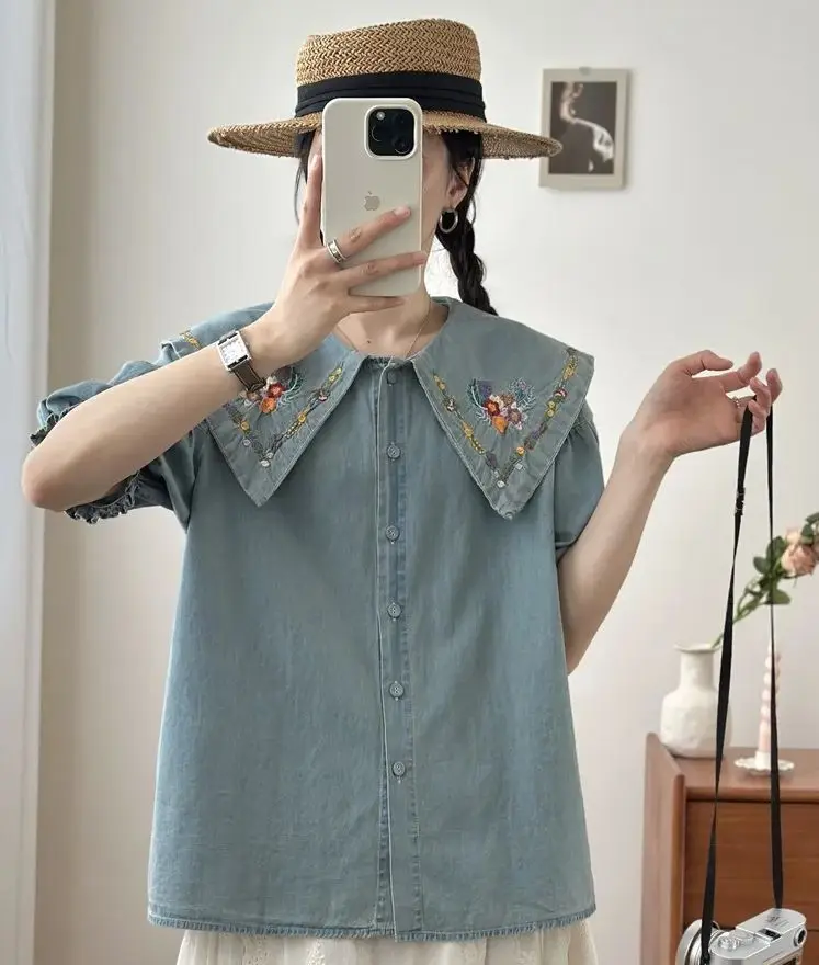 

Summer clothes Mori girl style kawaii turndown collar short sleeve denim blouses women's denim shirts sweet lolita clothing