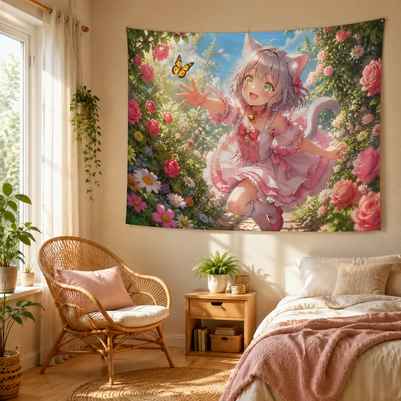 VIKAMA Gothic Lolita Cat Girl Wall Hanging, Galaxy Star Sky Cloud Sea Bedroom Living Room Decorative Wall Art