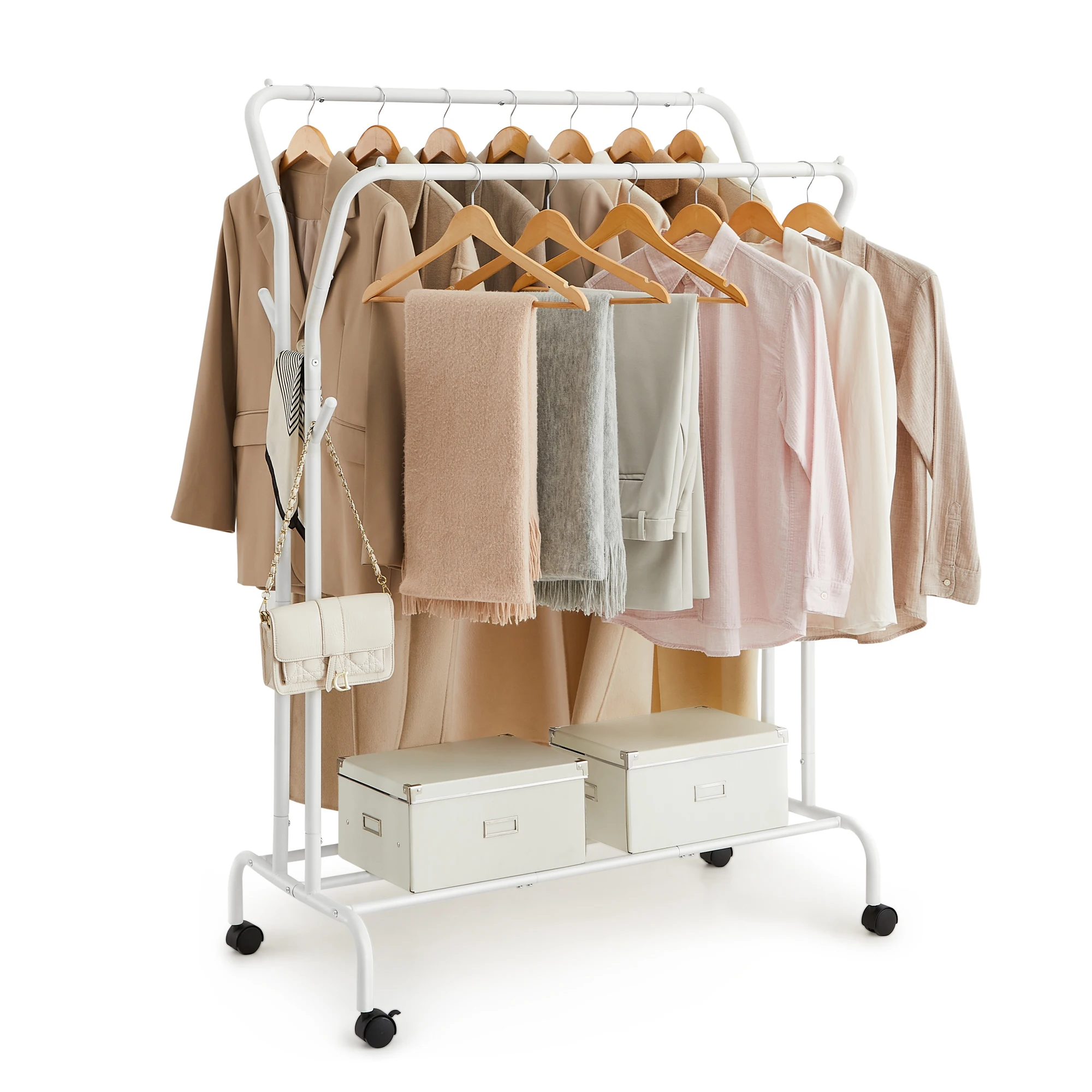 SONGMICS Clothes Rail, Clothes Rack, Double Clothes Hanging Rail, Heavy-Duty Metal Frame, with Wheels and Shelf