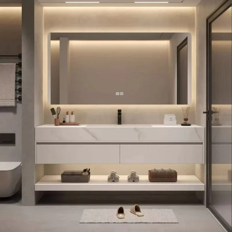 

Modern Wall Mounted Bathroom Vanity Set with LED Mirror Cabinet and Double Sink Minimalist Design Bathroom Cabinet Furniture