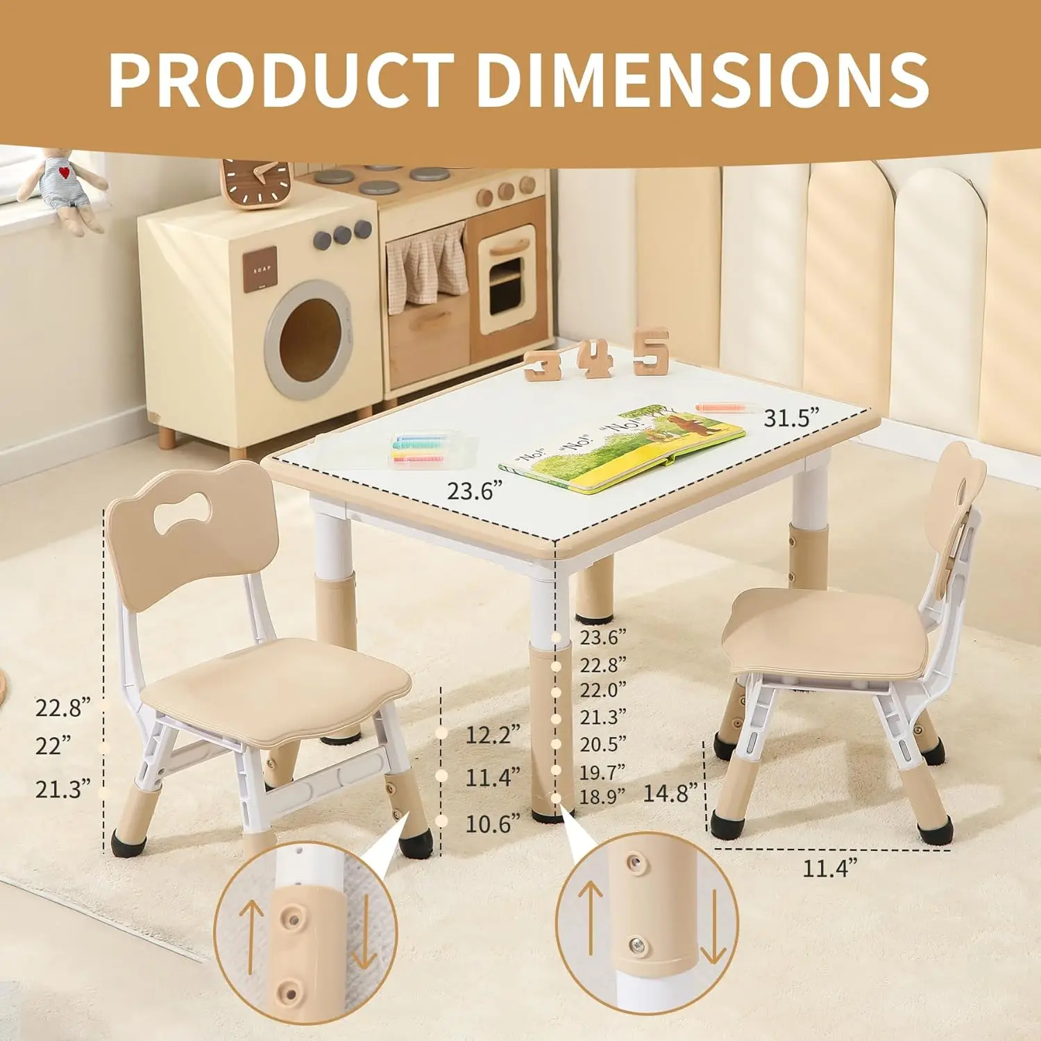 طاولة أطفال وكرسيين، مجموعة طاولات وكراسي للأطفال قابلة للتعديل الارتفاع، 31.5 بوصة طول × 23.6 بوصة عرض طاولة أنشطة للأطفال