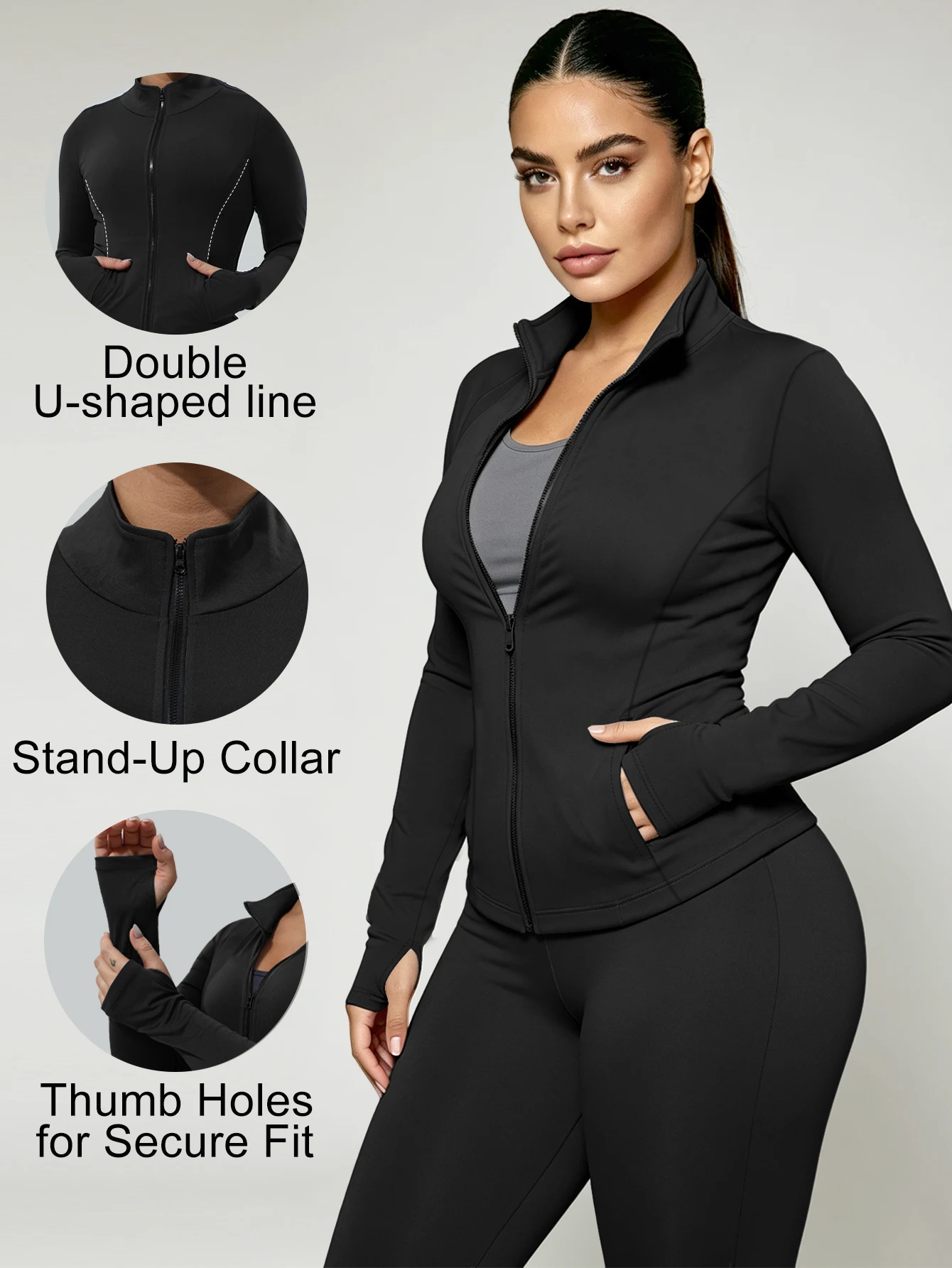 Womens Workout Jackets Lightweight Athletic Zip Up Jacket Slim Fit Running Gym Top with Pockets & Thumb Holes