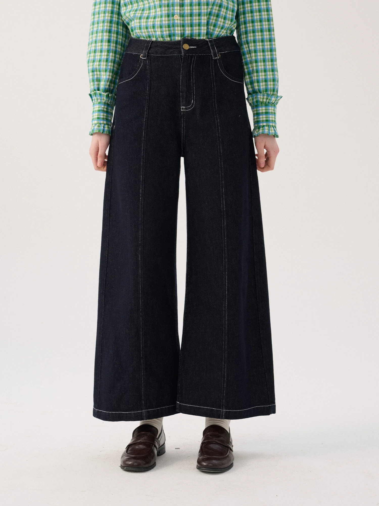 

Sullenger Vintage Spring Wide Leg Pants Women's Classic Straight Cut Slimming Trousers Practical Cotton Denim Zipper Closure