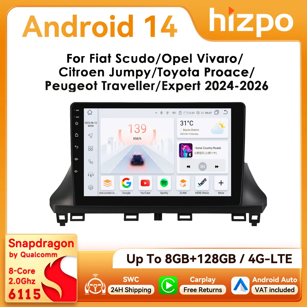 Hizpo 10,1 Zoll 2Din Android 14 Autoradio Kabelloses Carplay Auto-Radio 360 ° CAM GPS-Navigation für Fiat Scudo Opel Vivaro Citroen Jumpy Toyota Proace Peugeot Traveller Expert