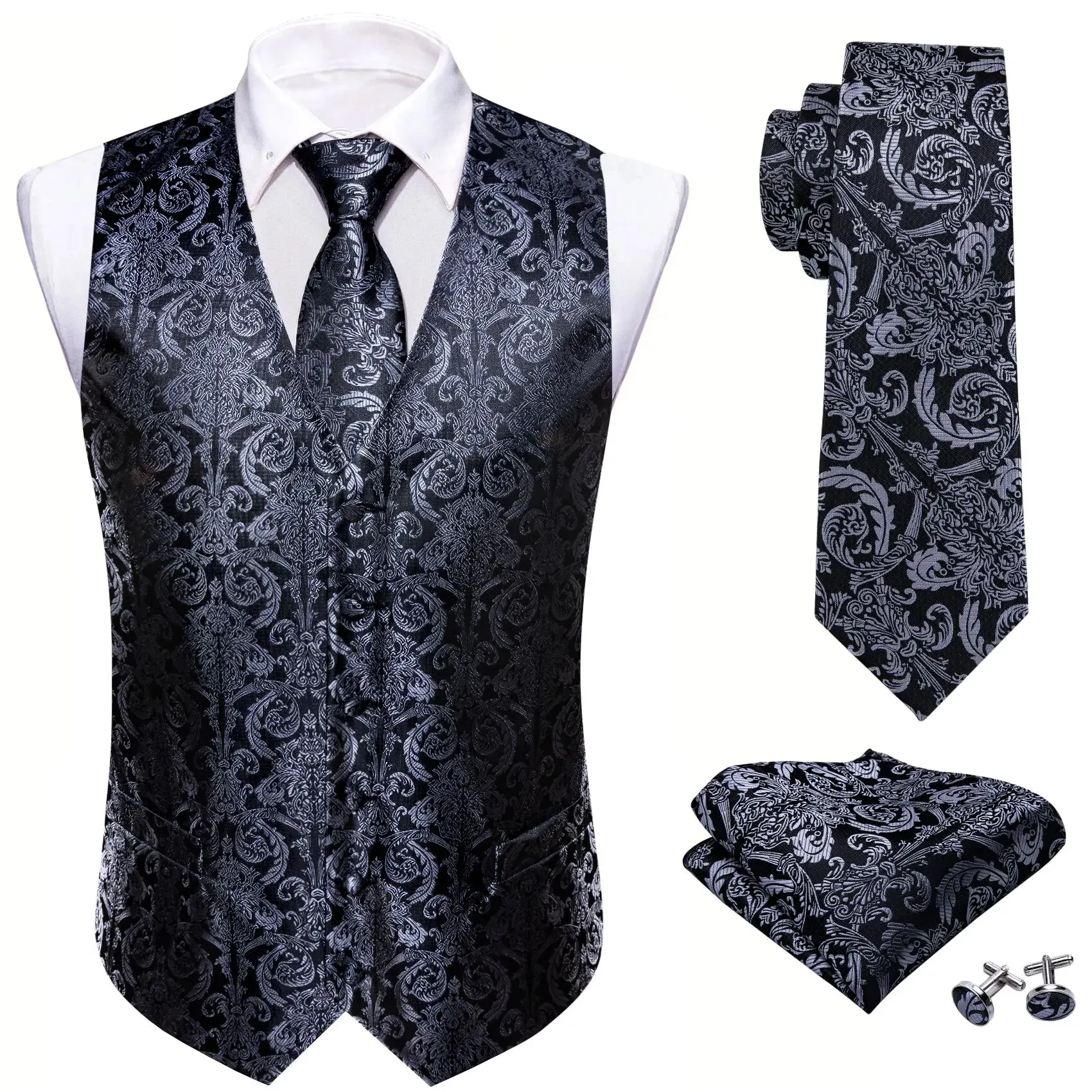 Barry.Wang Men's Suit Vest Gray Jacquard Floral Waistcoat Tie Pocket Square Cufflinks Set for Male Formal Casual Business Party