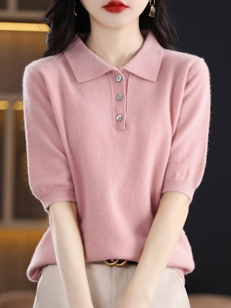 Women 100% Merino Wool Lapel Short Sleeve Pullover T-shirt For Spring Summer  Knitwear Soft Sweater Fashion Basic Clothing