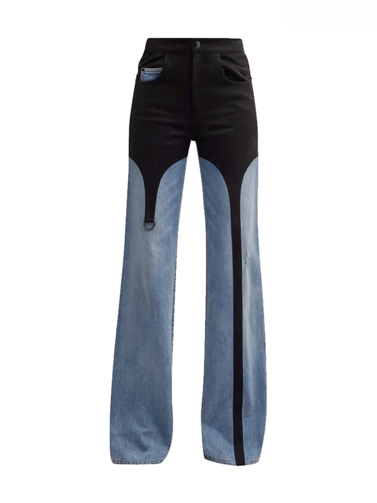

High Waist Straight Leg Loose Fit Women's Jeans Color Block Washed Cotton Decorative Buckle Casual Trousers