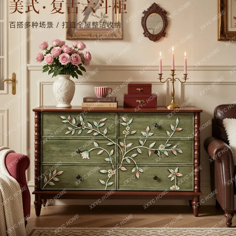 XXSolid wood chest bedroom living room wall cabinet retro bedside bedside dresser