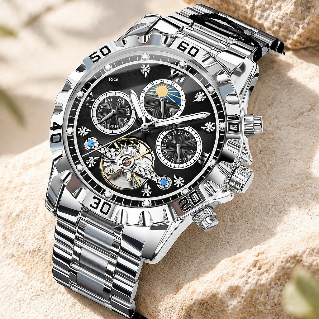 Luxury Automatic Mechanical Watch for Men Multifunction Moon Phase Tourbillon Business Wristwatch