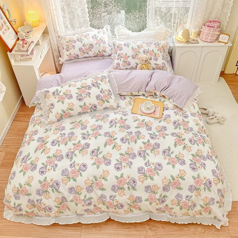 150/180/200CM Purple Rose Floral Print Polyester Bed Sheet Duvet Cover Pillowcase Four-piece Spring Summer Bedding Set M055-6