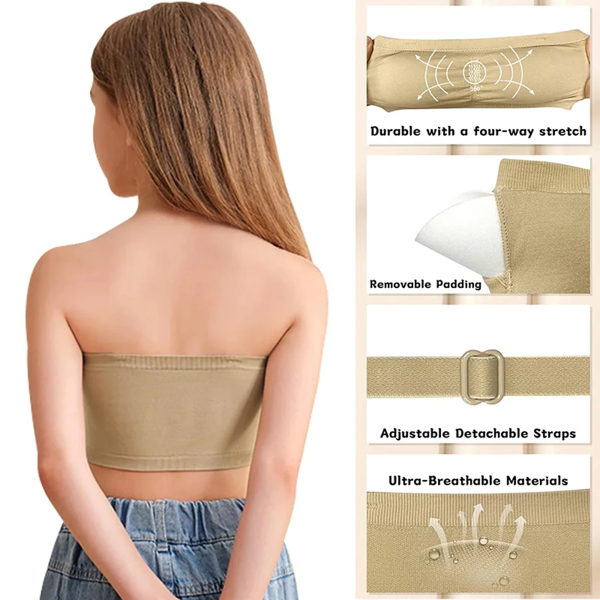Girls Ballet Dance Seamless Bandeau Bra  Nude Seamsless Bra 2 Pairs of Clear Straps and Chest Pads Dance Bras