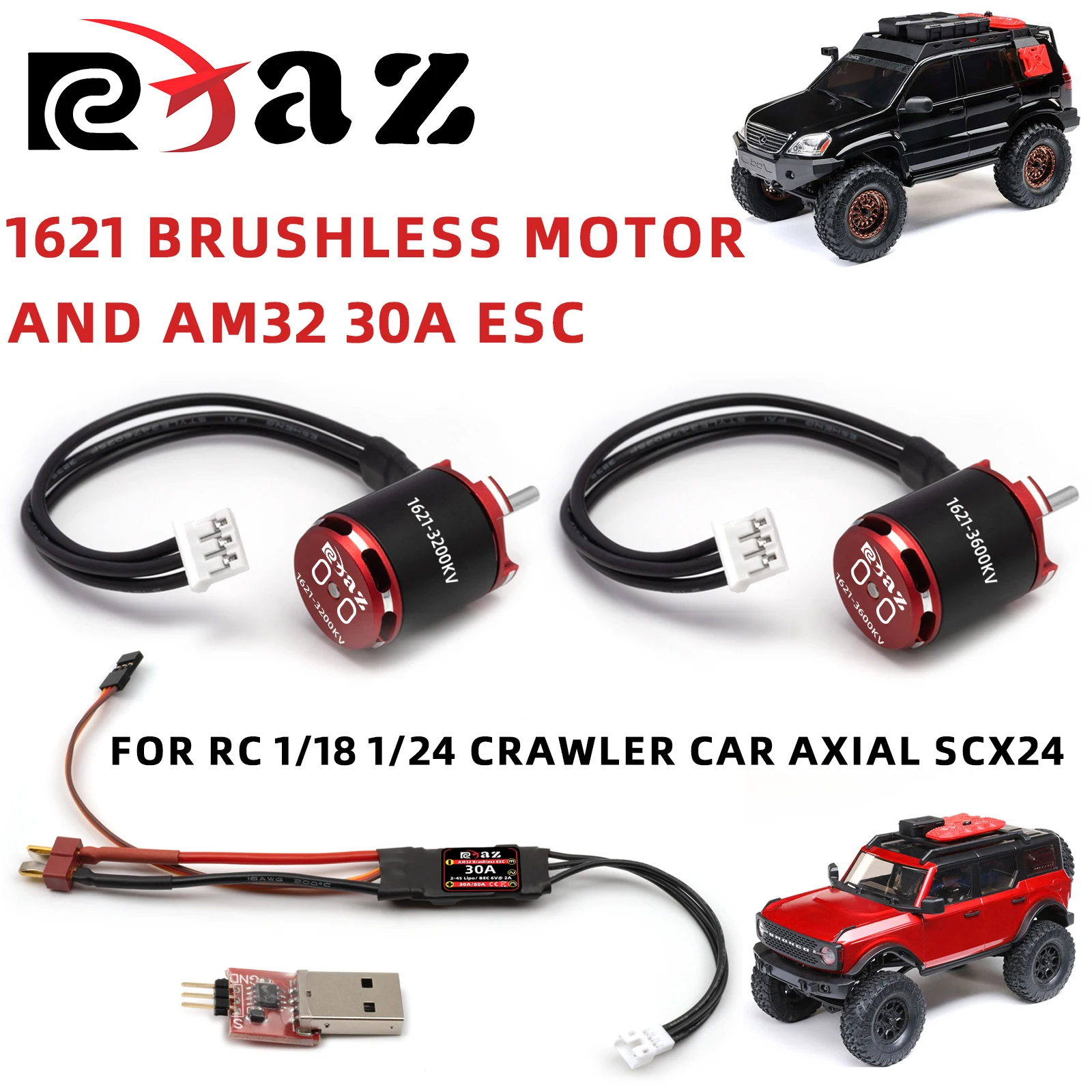RCXAZ AM32 Programmable 30A ESC 1621 Brushless Motor for 1/18 1/24 RC Axial SCX24 FCX24 TRX4M 2-4s Performance Upgrade