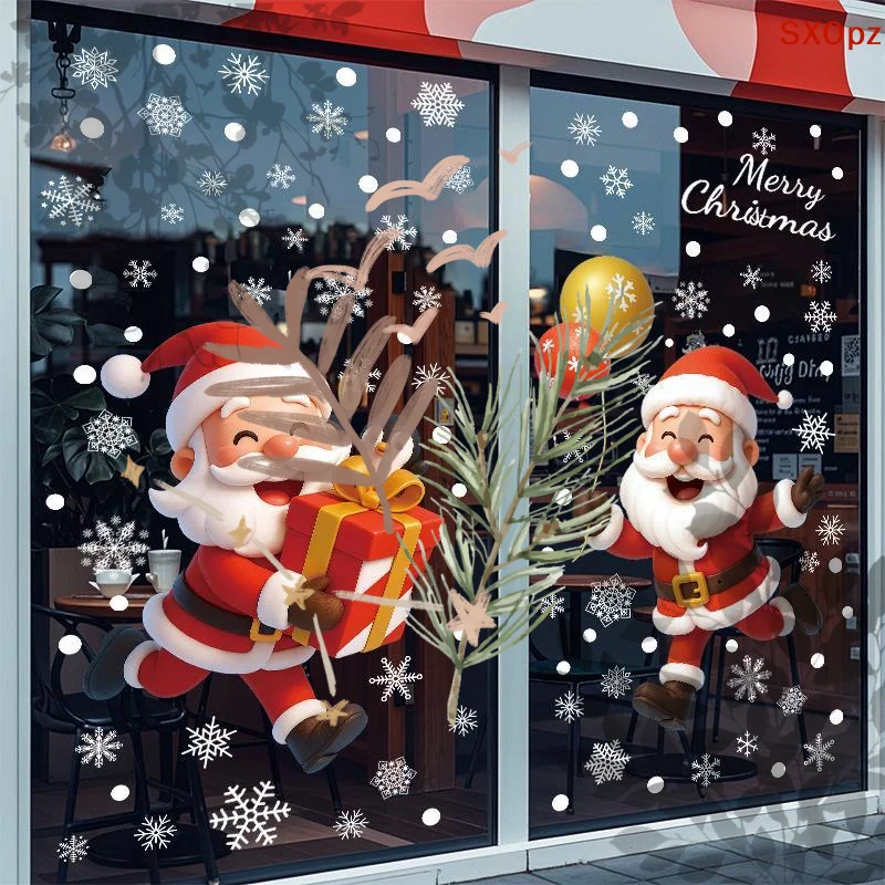 Christmas Static Window Stickers Santa: Reindeer Snowman Snowflake Xmas Glass Decals Removable Home Clings