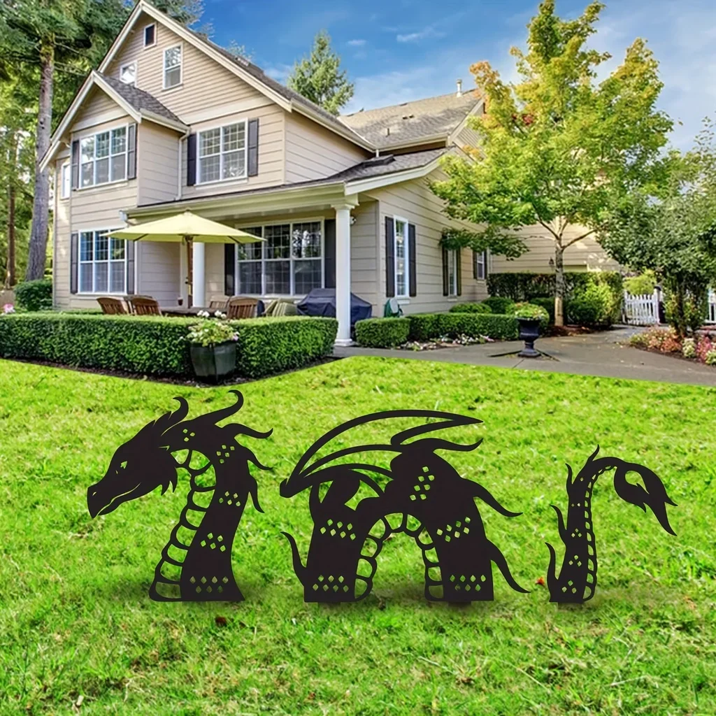 Juego de estaca de jardín de dragón mágico, decoración de silueta de Arte de hierro para patio, grande, decoración de Metal para exteriores, 3 piezas