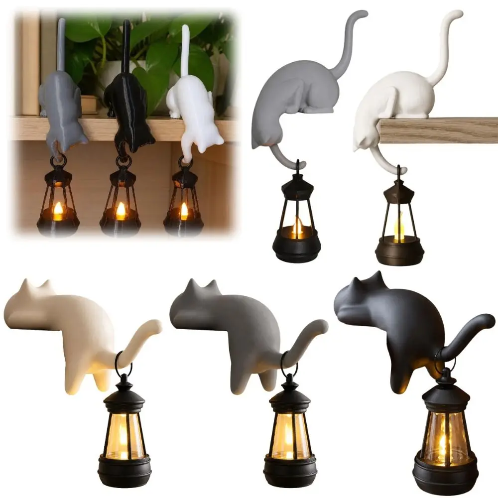 3D Printed Cat-Shaped Wall Hook Cute Cartoon Bookshelf Lantern with Lantern Inverted Hanging Wall Key Rack Bookshelf Decoration