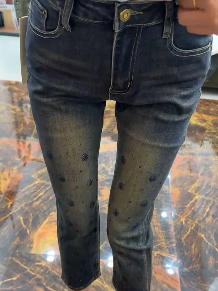 Denim Harem Pants Women 2024 New Summer High Waist Loose Slimming Retro Heavy Hot Drilling Pants Female