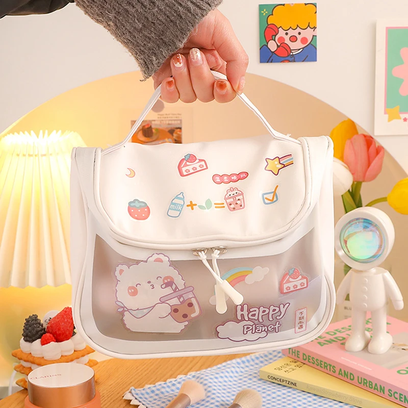 Kawaii Bear Makeup Bag Plastic Cute Large Cosmetic Bag For Women Korean Travel Organizer Storage Bags Portable Waterproof Pouch