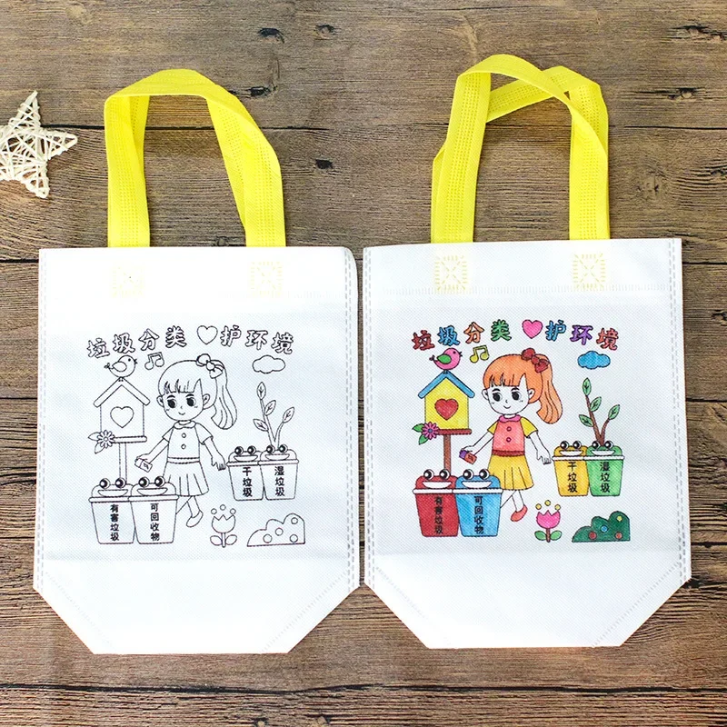 16個入り ランダムな漫画柄 不織布 グラフィティバッグ、学生向け 手描きDIYぬりえトートバッグ、教育用ペイントギフト 小型バッグ